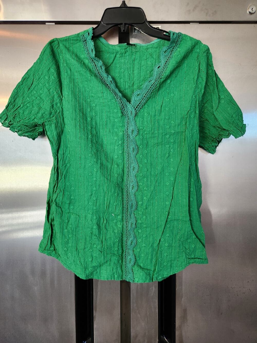 SHEIN Kelly Green Swiss Dot Blouse Lace Trim V-Neck Puff Sleeve Women's XL